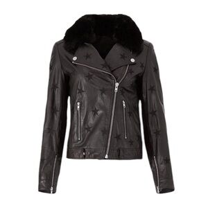 Samantha Sipos Seeing Stars Black Leather Faux Fur Moto Jacket Size XS #907